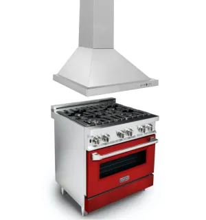 ZLINE 30" Kitchen Package with Stainless Steel Dual Fuel Range with Red Matte Door and Convertible Vent Range Hood